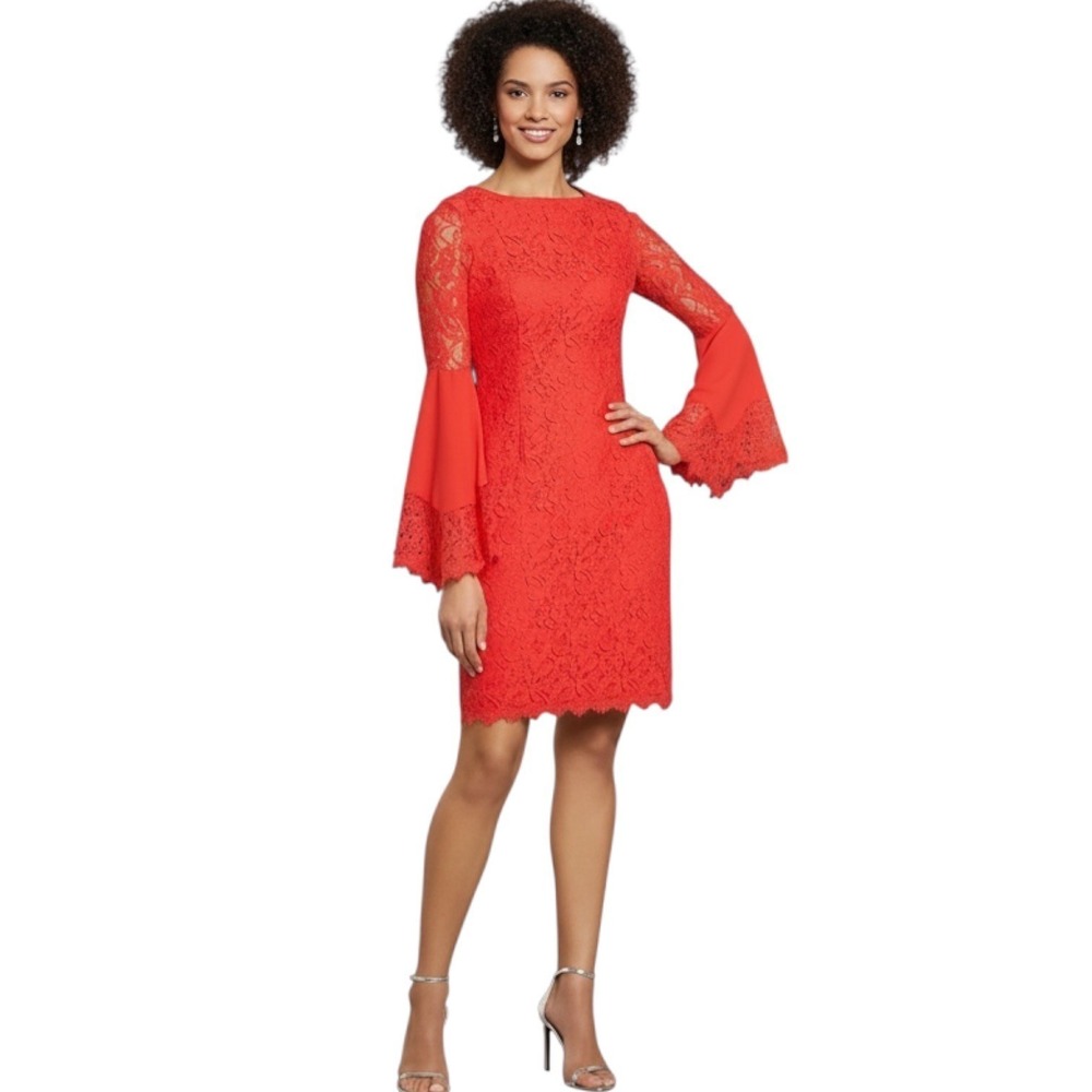 By Shani Floral Lace Long Sleeve Cocktail Dress 2 Red Bell Sleeve Dinner Party‎